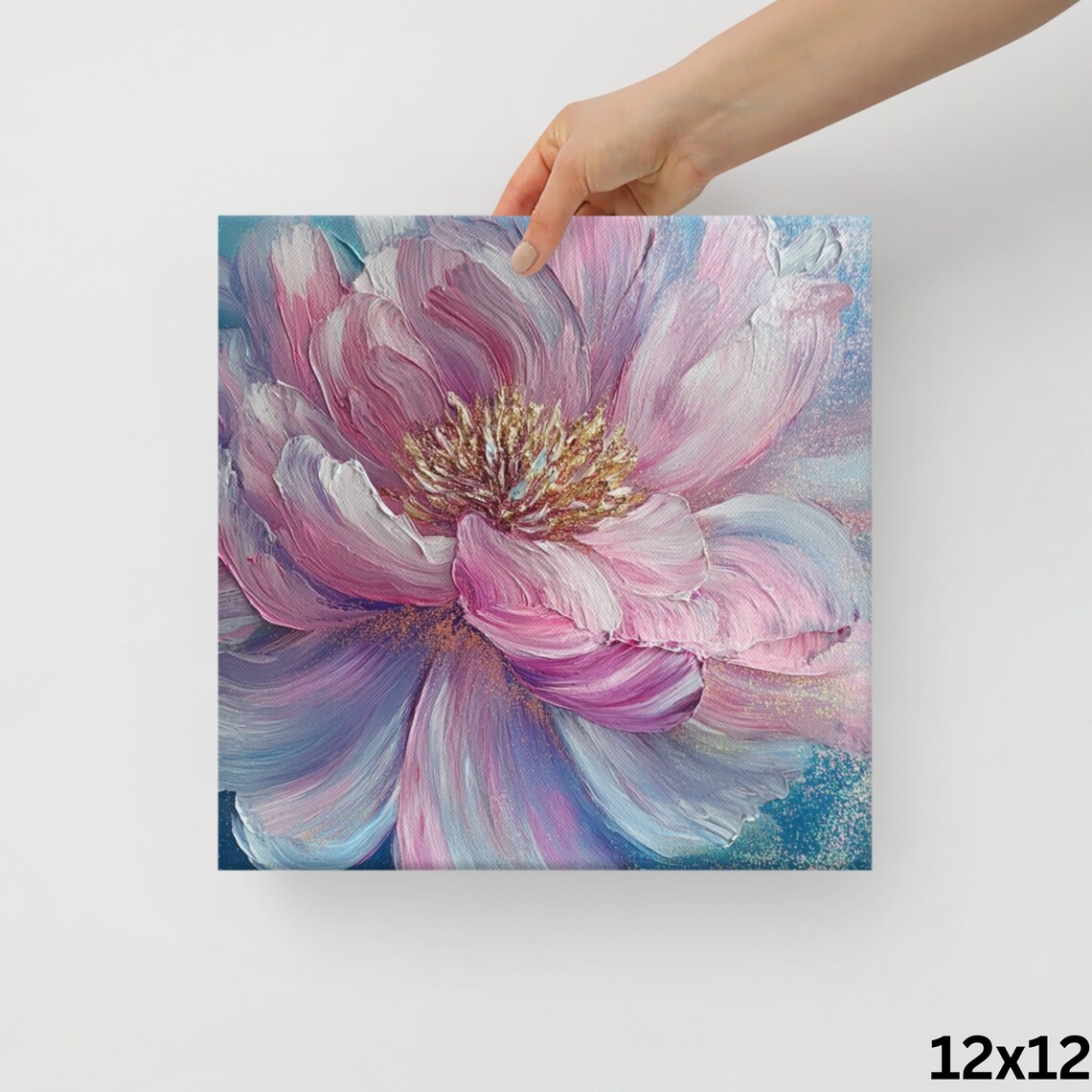 Pink and Blue Peony Impasto Close-Up Gold Center Floral Art Poster - Image 2