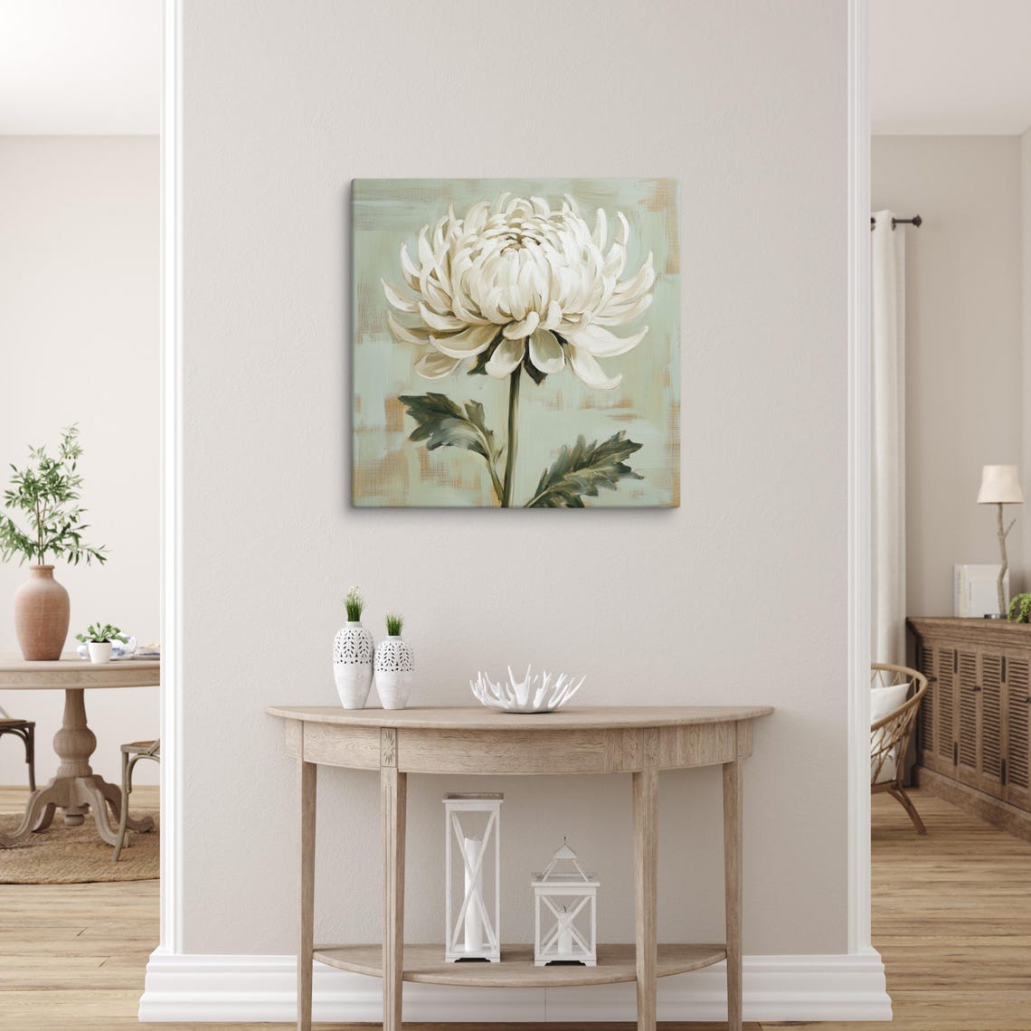 White Chrysanthemum Large Bloom Sage Green Botanical Flower Poster - Image 5