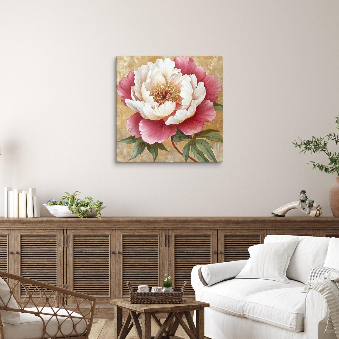 Pink and White Peony Golden Center Vintage Floral Painting Print - Image 5