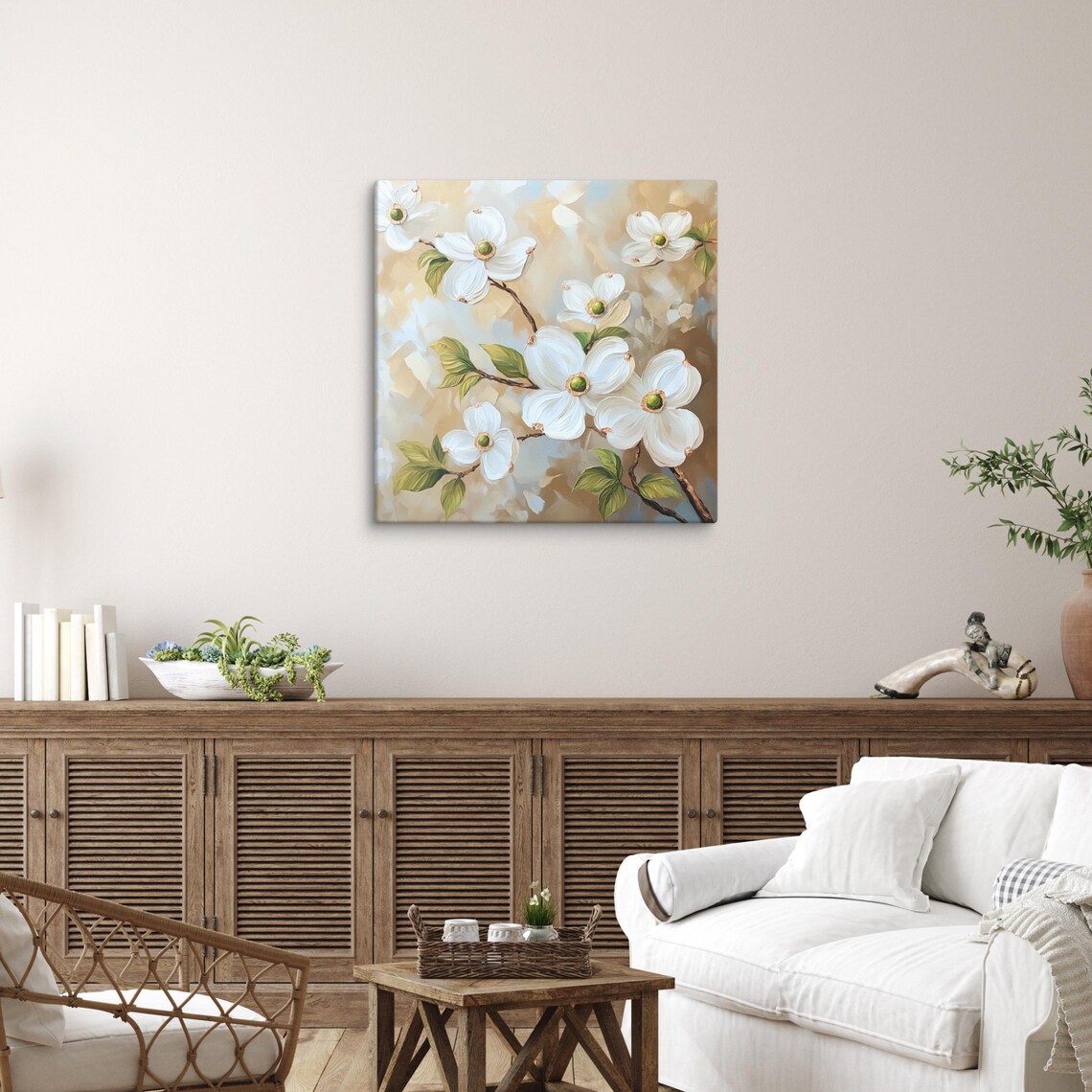 White Dogwood Blossoms Branch Soft Gold Floral Painting Wall Art - Image 5