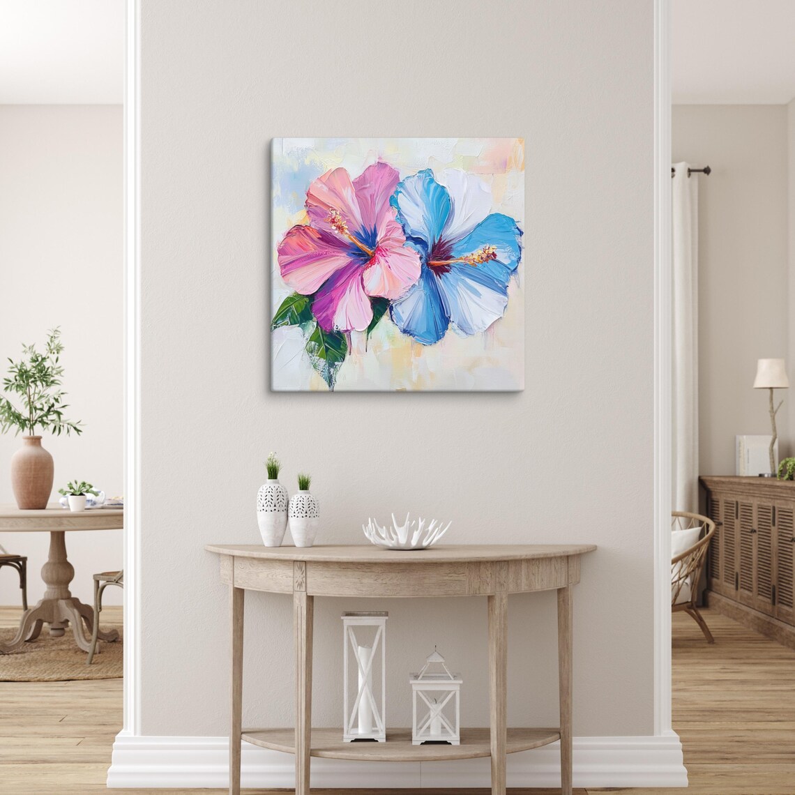 Pink Blue Hibiscus Blooms Impasto Flower Painting Print Poster - Image 5