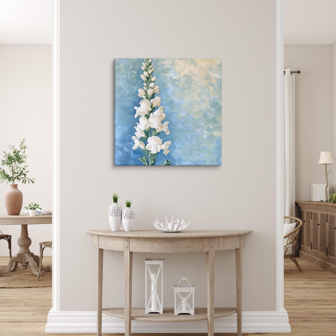 White Snapdragon Flower Spike Blue Sky Painterly Botanical Print - Image 5