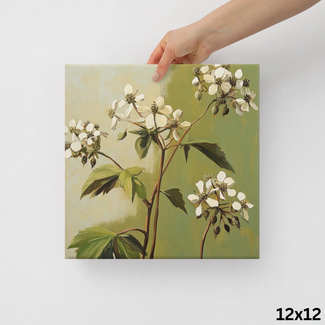White Wildflowers on Olive Green Painterly Botanical Wall Art - Image 2