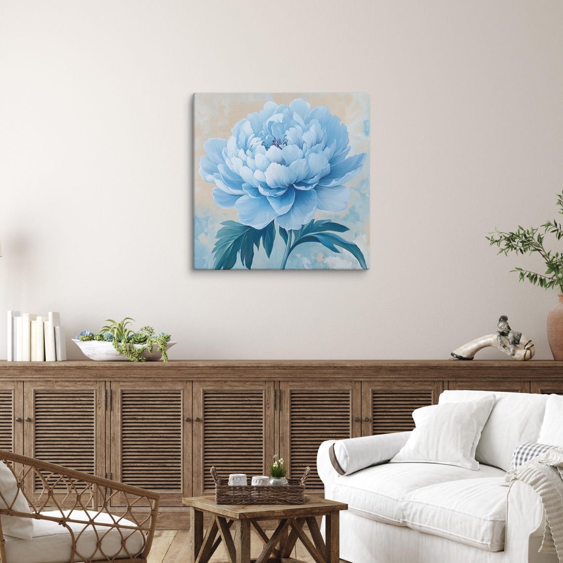 Light Blue Peony Teal Leaves Cream Blue Background Floral Poster - Image 3