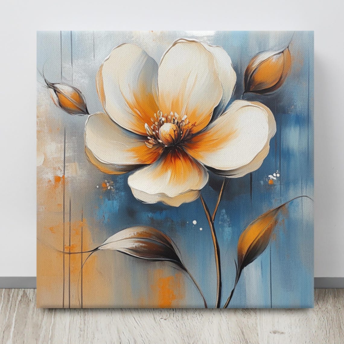 White Flower Orange Amber Center Blue Abstract Modern Statement Poster - Image 4