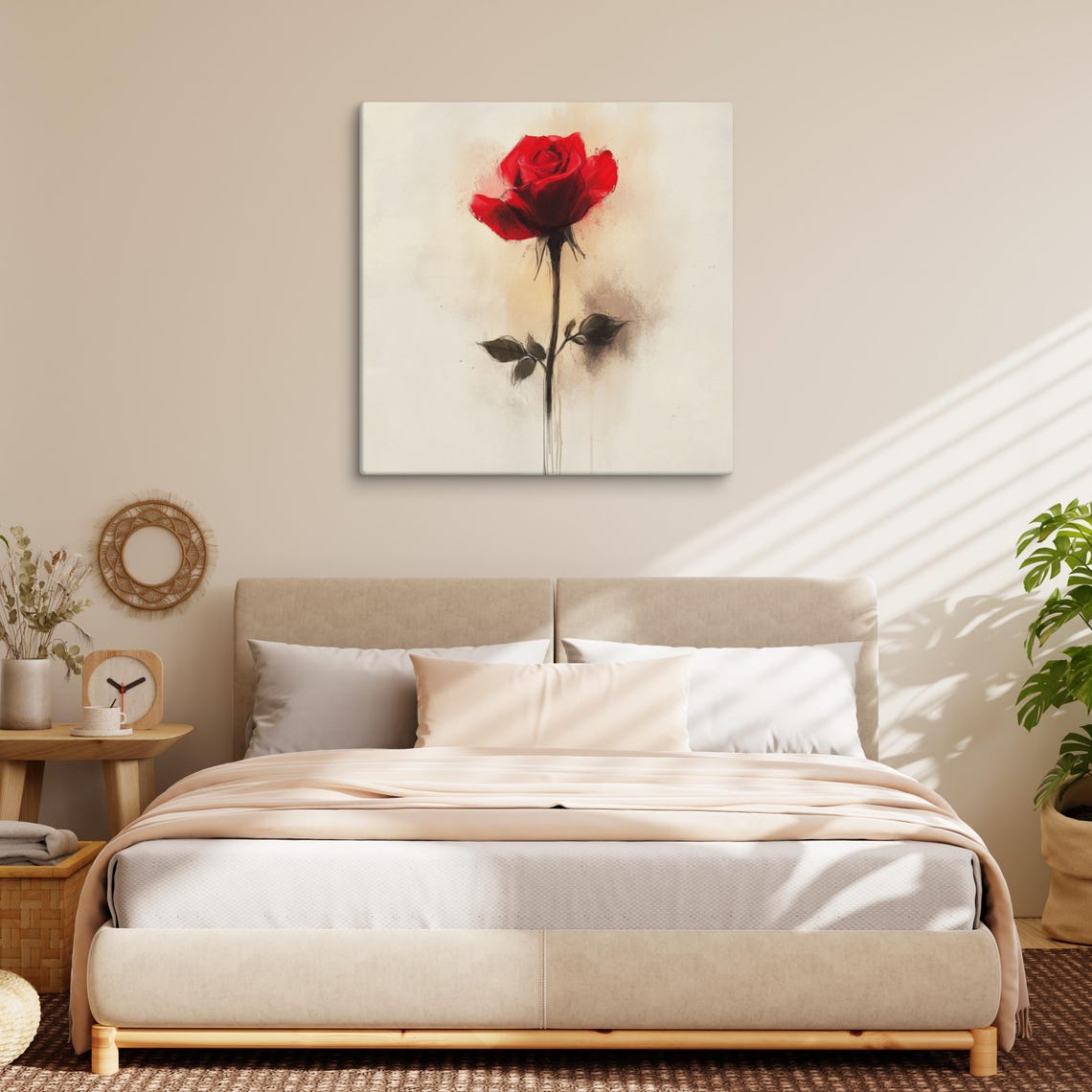 Red Rose Tall Stem Minimalist Watercolor Cream Elegant Romantic Poster - Image 5