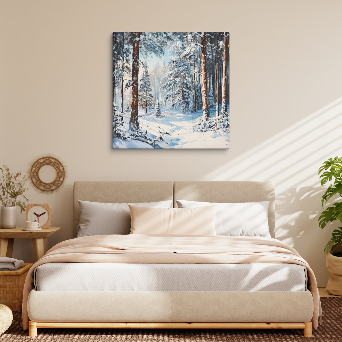 Snowy Pine Forest Winter Morning Sunlight Trees Canvas Art Print - Image 5