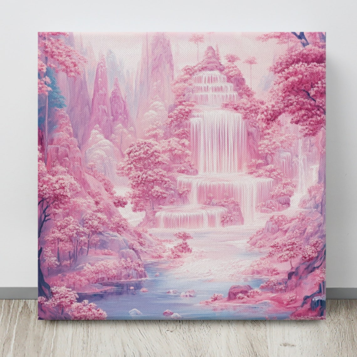 Pink Cherry Blossom Waterfall Temple Spring Flower Valley Wall Art - Image 4