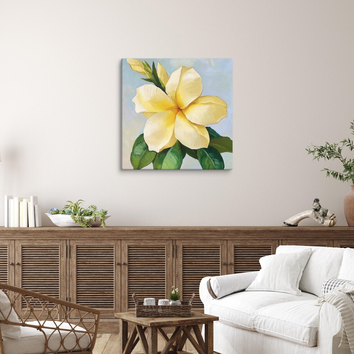 Yellow Allamanda Flower Green Leaves Sky Blue Tropical Wall Art - Image 4