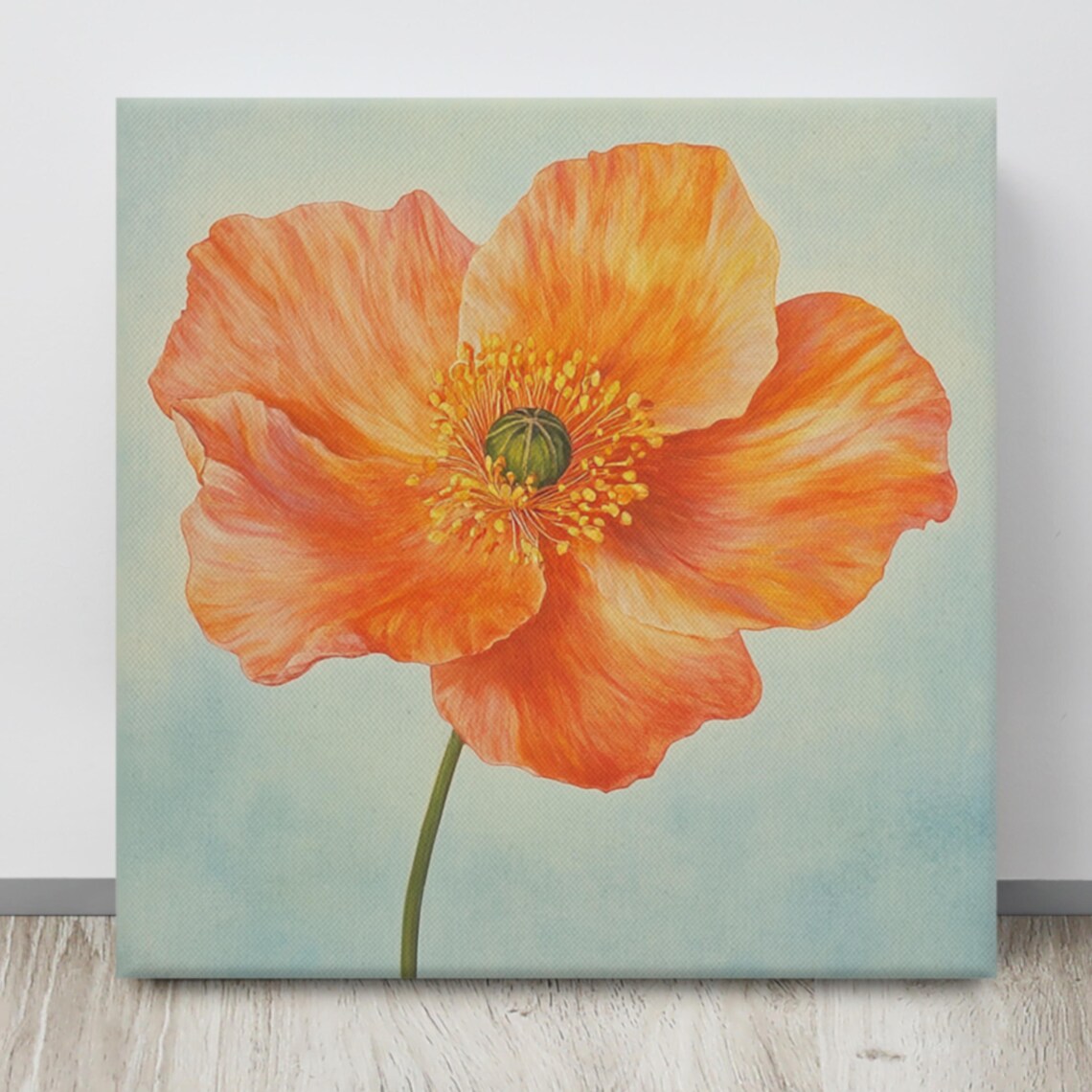 Orange Poppy Single Bright Bloom Soft Blue Floral Painting Print - Image 4