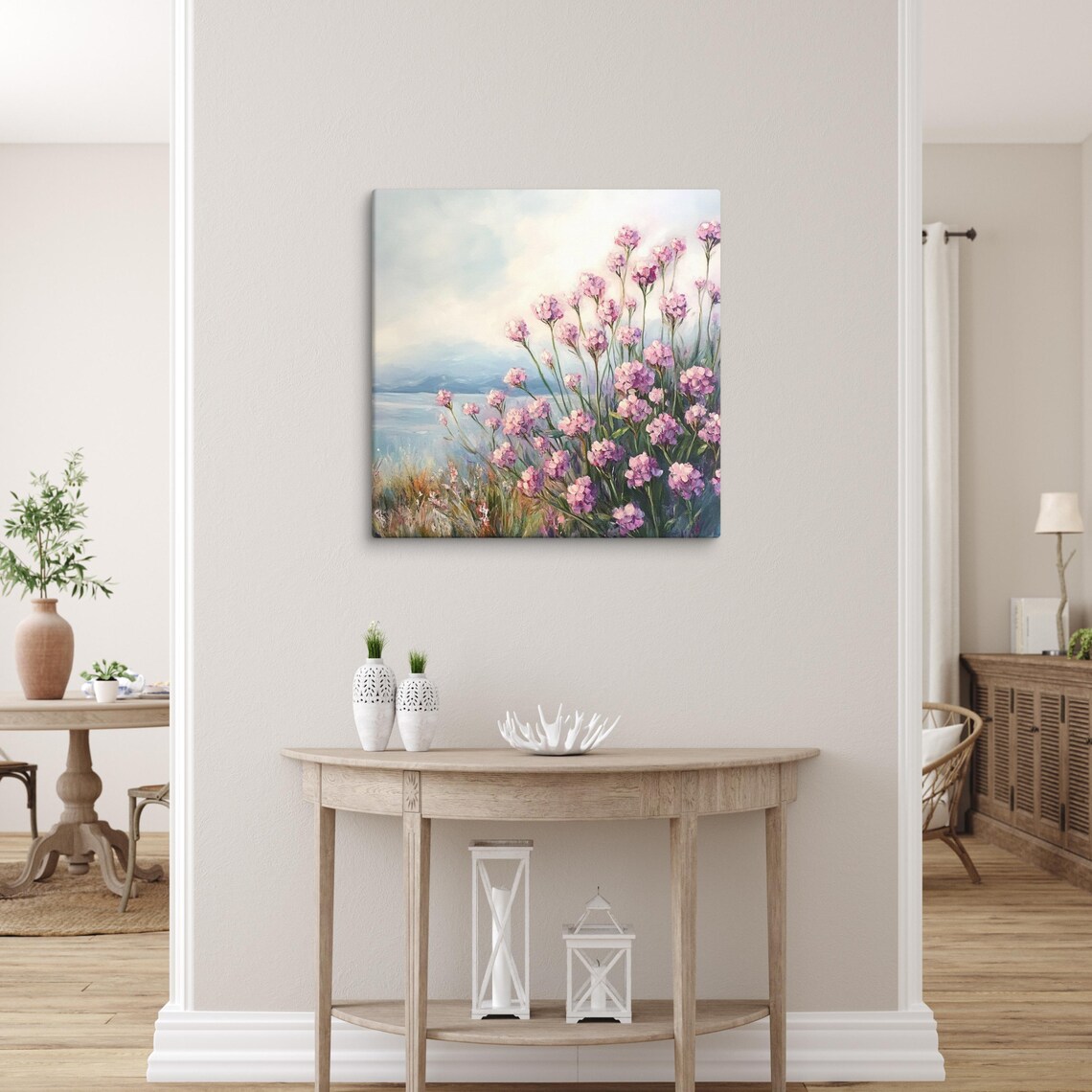 Pink Sea Thrift Flowers Coastal Landscape Painting Print Poster - Image 3