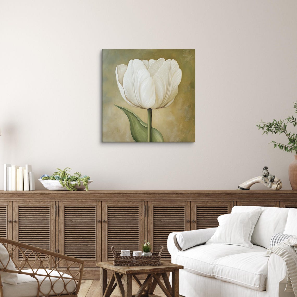 White Tulip Bloom Golden Olive Background Botanical Wall Art - Image 4