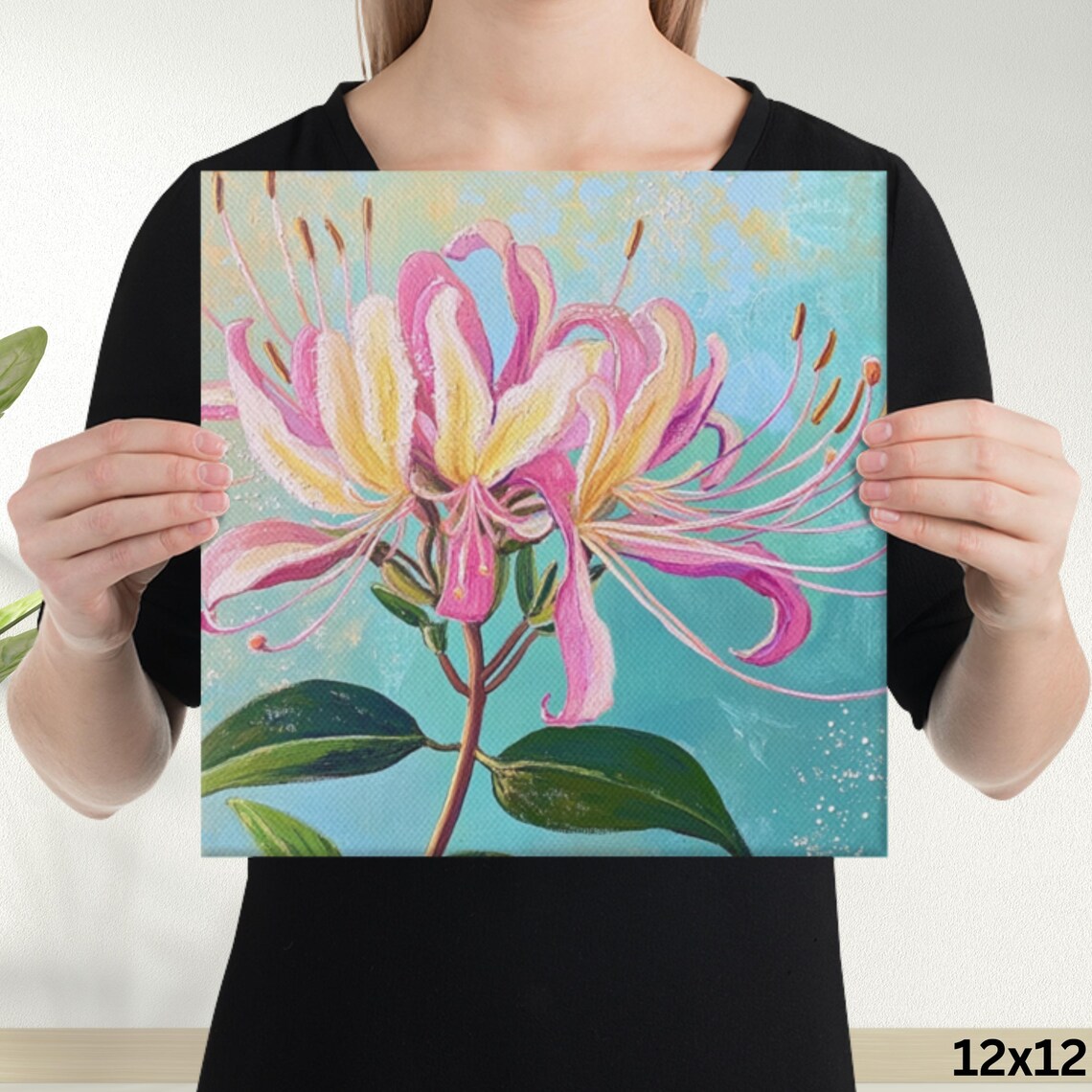Pink Yellow Honeysuckle Blooms Teal Background Oil Painting Poster - Image 3