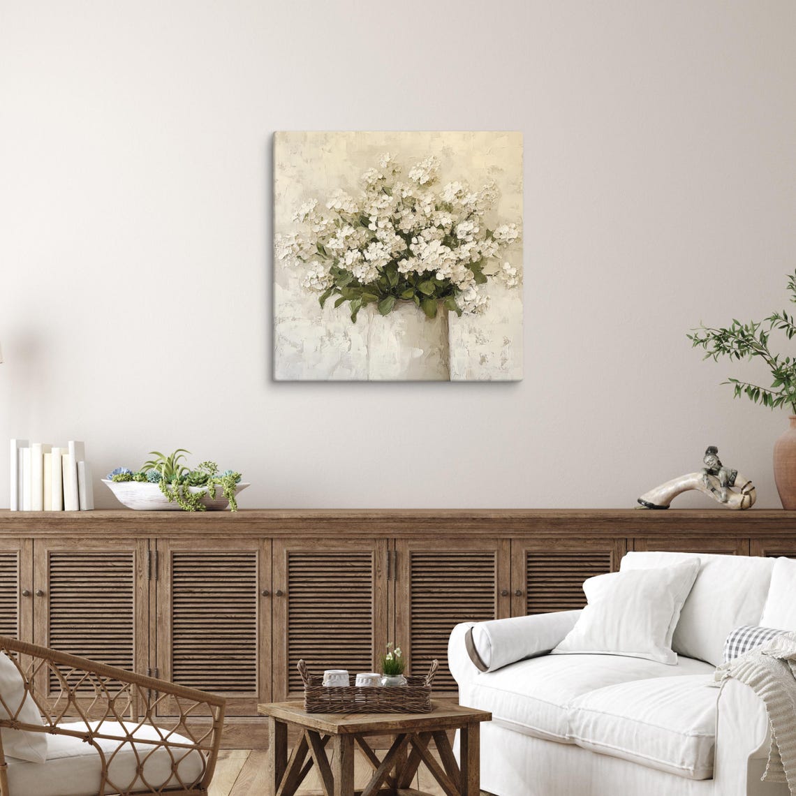 White Hydrangea Bouquet Vase Cream Impasto Floral Art Poster - Image 4