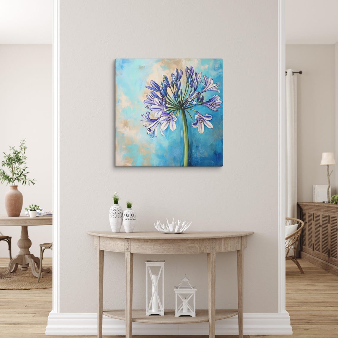 Blue Agapanthus Flower Umbel Turquoise Sky Painterly Wall Art - Image 5