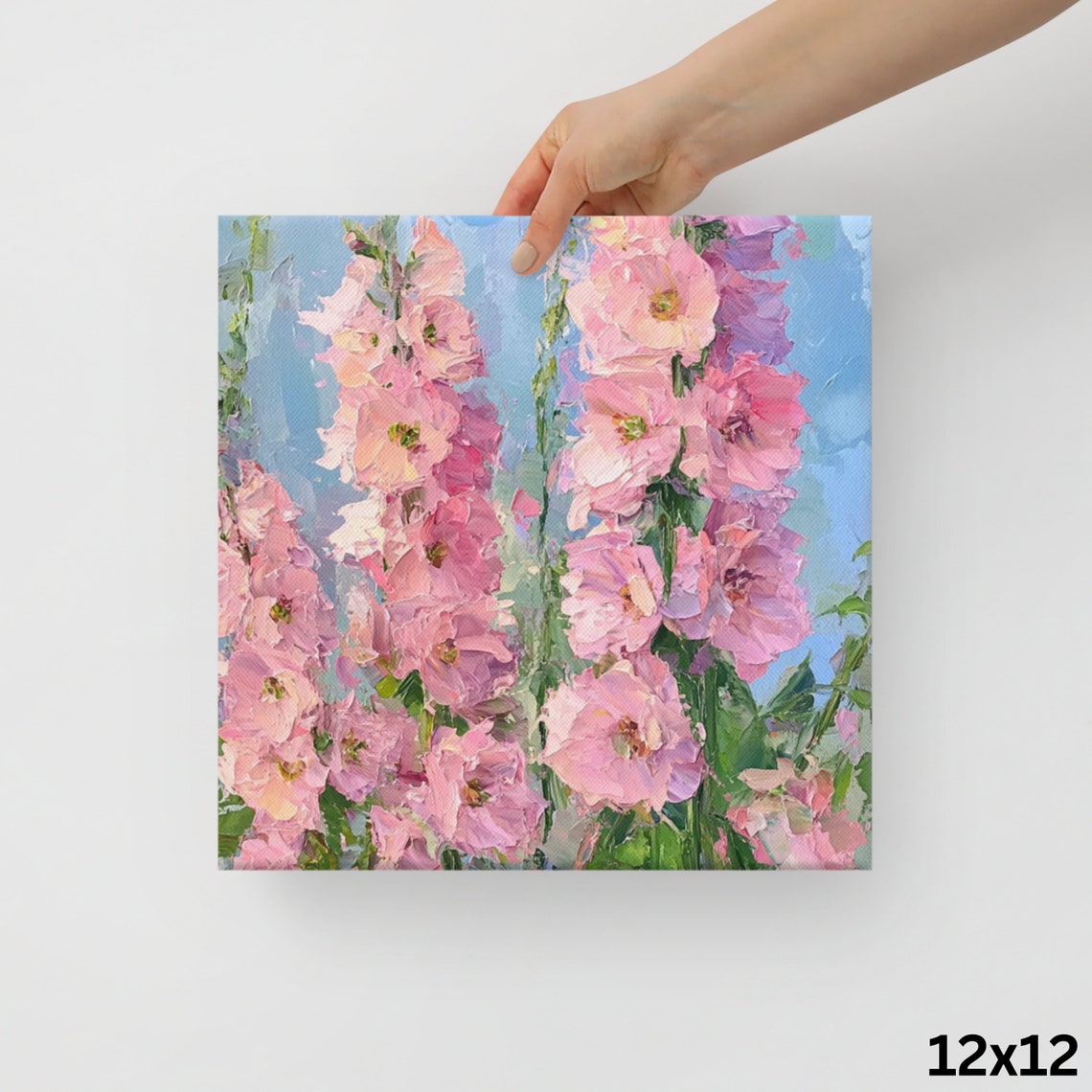Pink Delphinium Tall Flower Spikes Blue Sky Impressionist Art Poster - Image 2