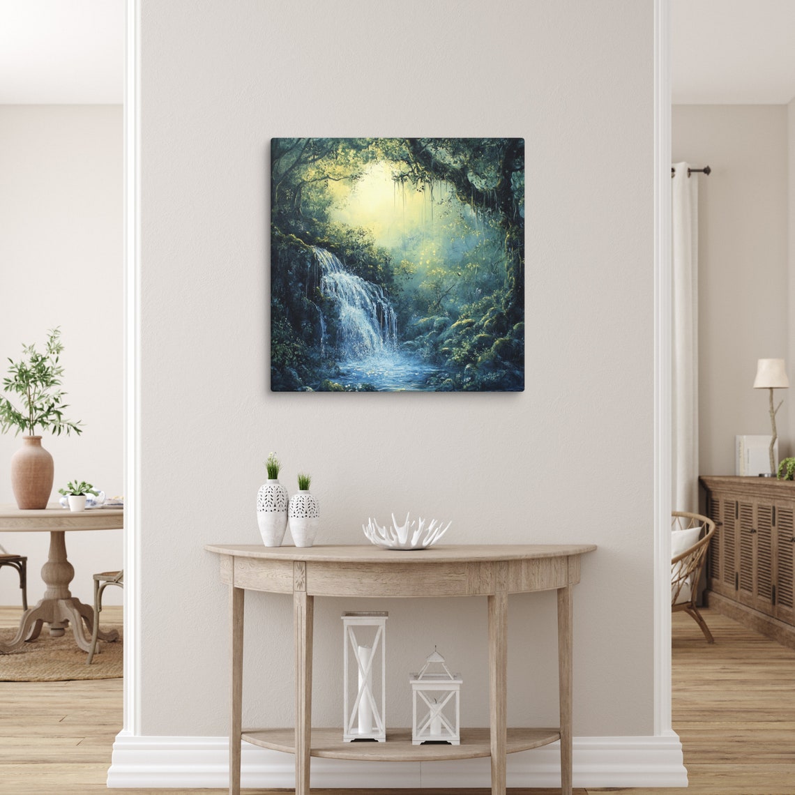 Sunlit Jungle Waterfall Blue Cascade Misty Gorge Nature Wall Art Print - Image 2