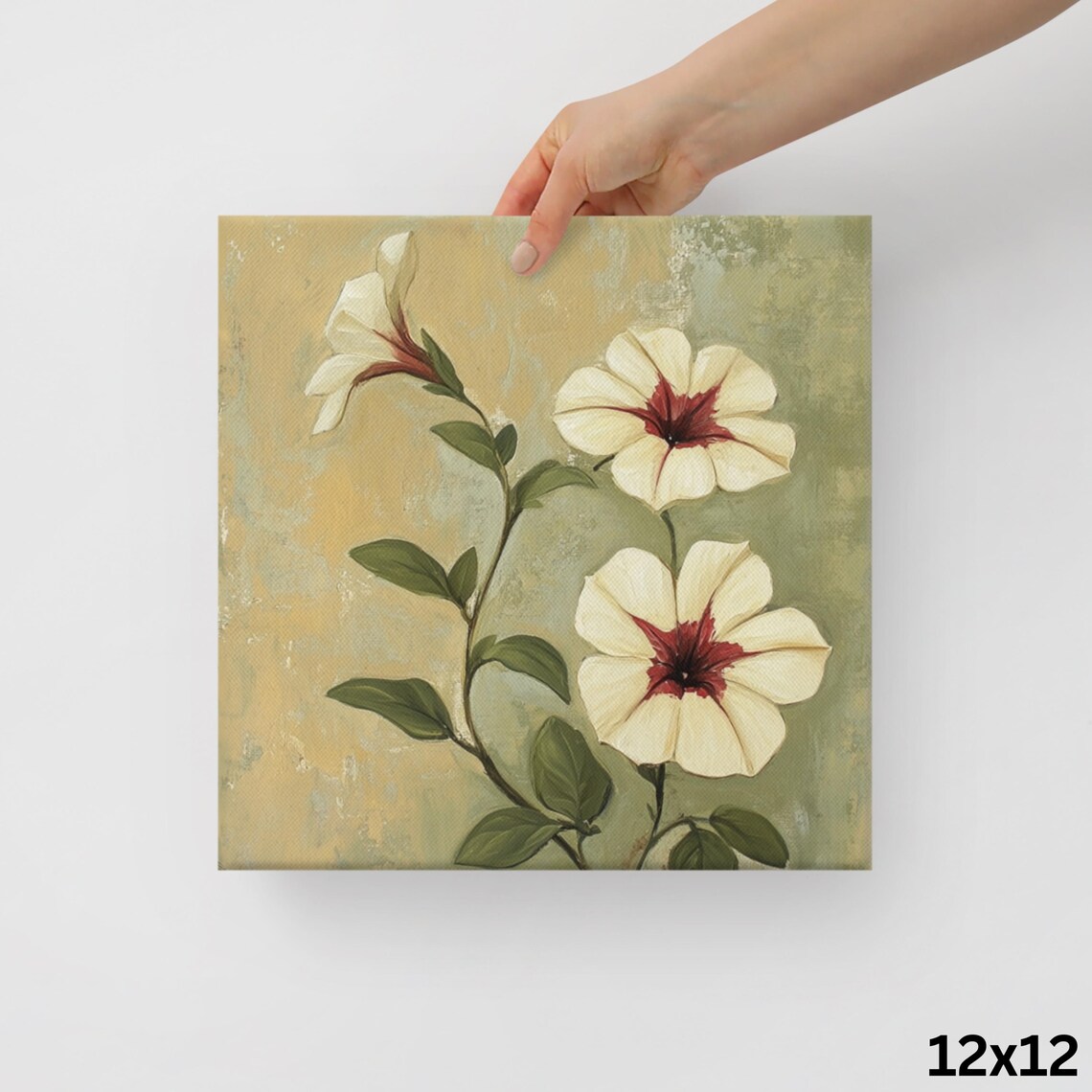 Cream Petunias Crimson Centers Vintage Botanical Art Wall Poster - Image 2