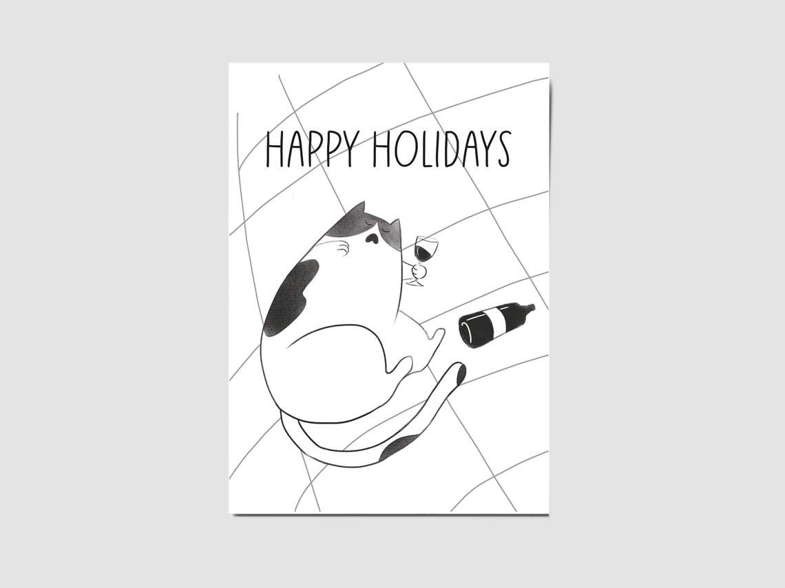 Happy Holidays Black Cat Wine Funny Christmas Card Art Print