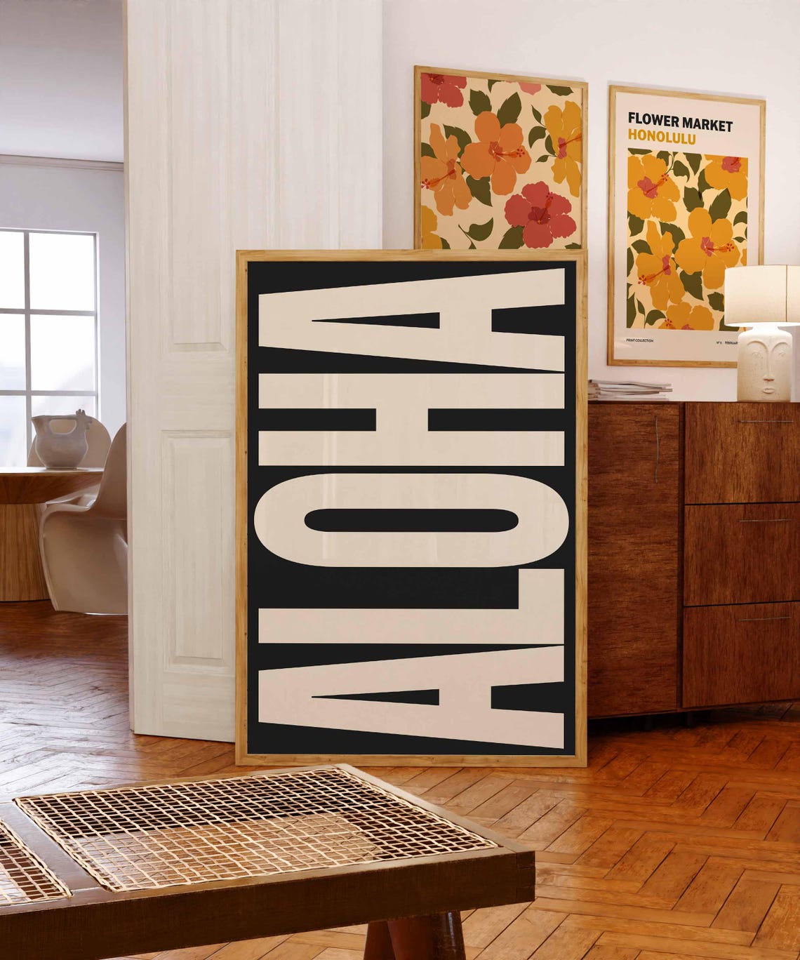 Aloha Retro Hawaiian Typography Black White Modern Travel Poster