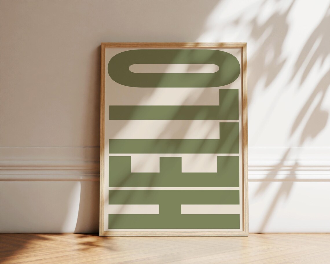 Hello Retro Greeting Bold Typography Sage Green Text Cream Poster