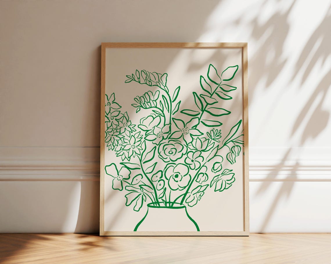 Green Flower Bouquet Vase Line Art Minimalist Botanical Poster - Image 2
