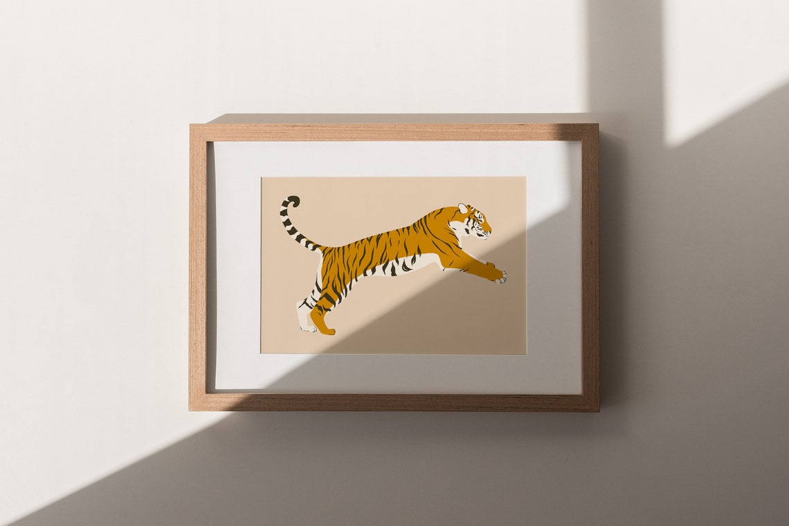 Leaping Tiger Illustration Mustard Gold Striped Big Cat Wall Poster - Image 2