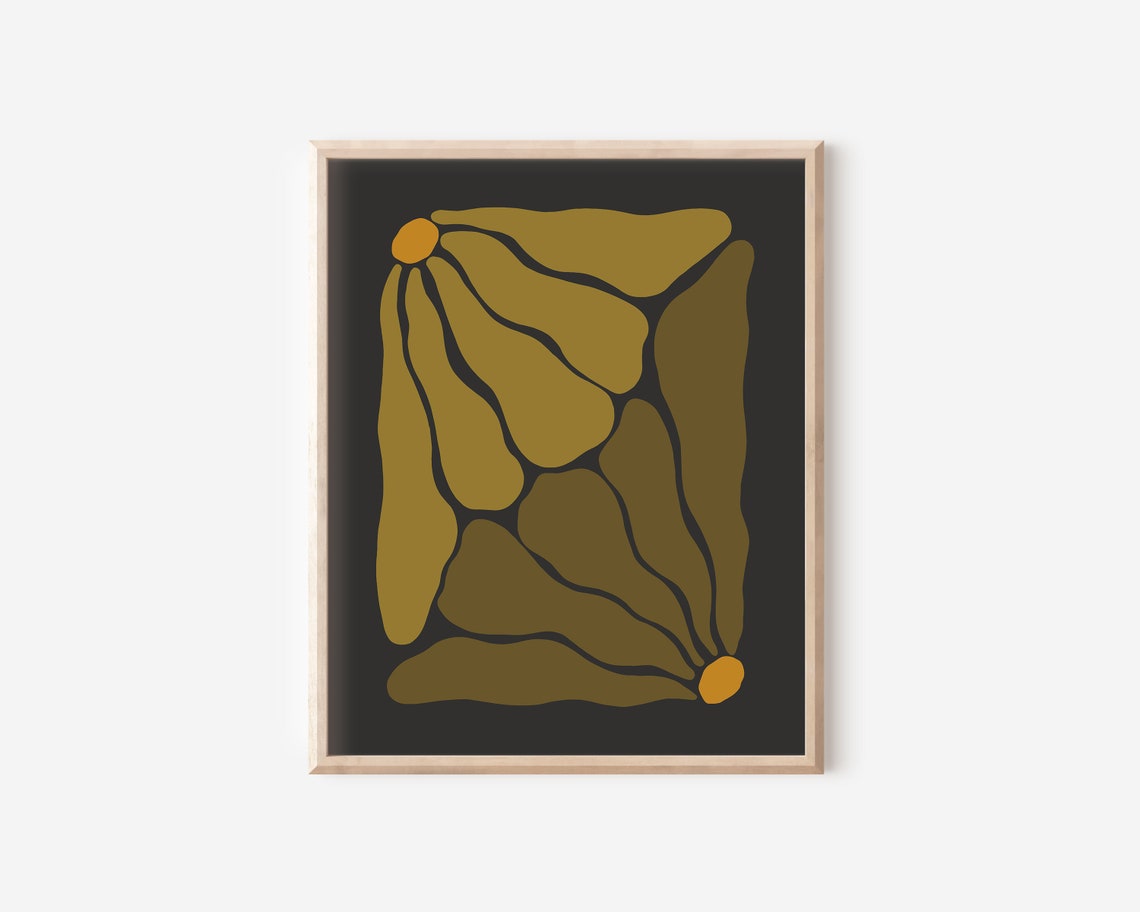 Earthy Olive Abstract Foliage Amber Dots Deep Black Art Poster - Image 2
