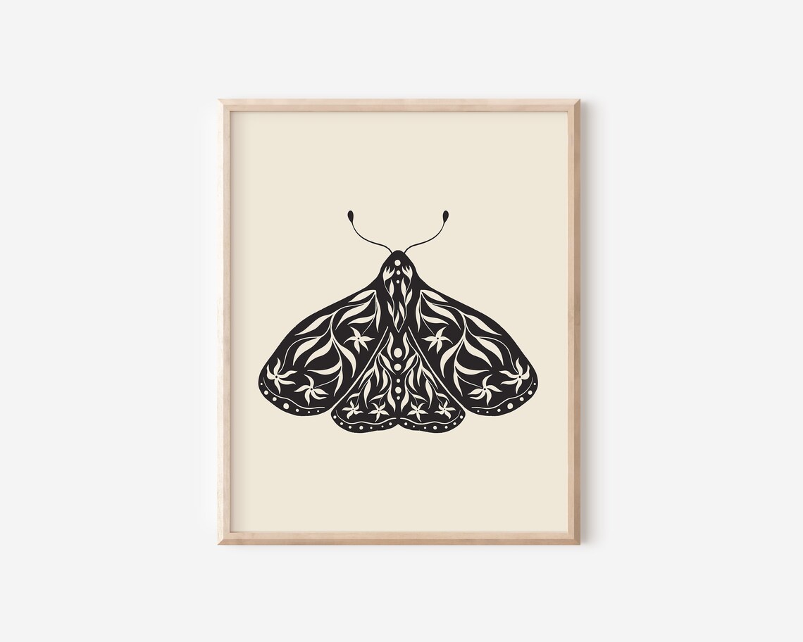 Folk Art Moth Floral Botanical Art Print