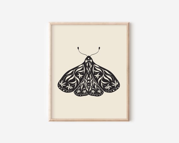 Folk Art Moth Floral Botanical Art Print