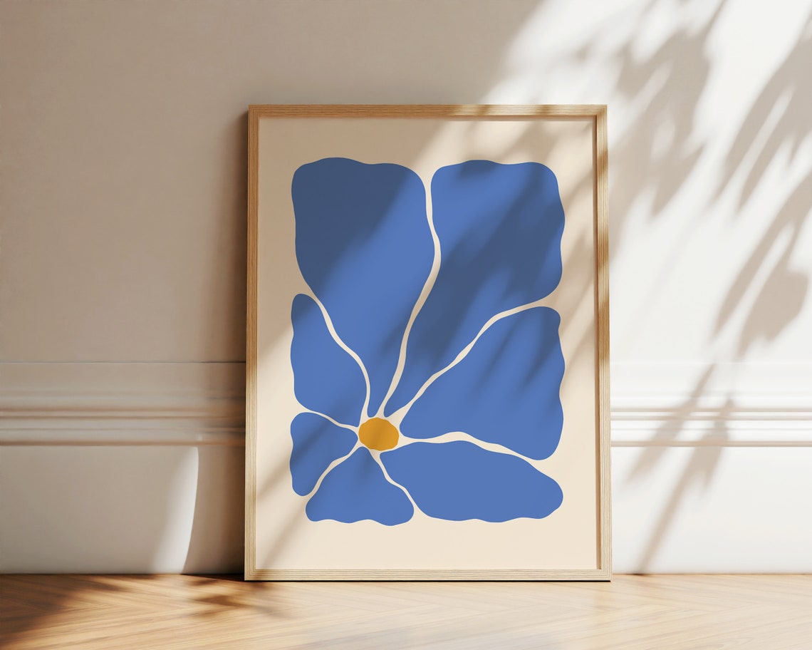 Retro Blue Abstract Flower Yellow Center Groovy Trendy Wall Art - Image 2