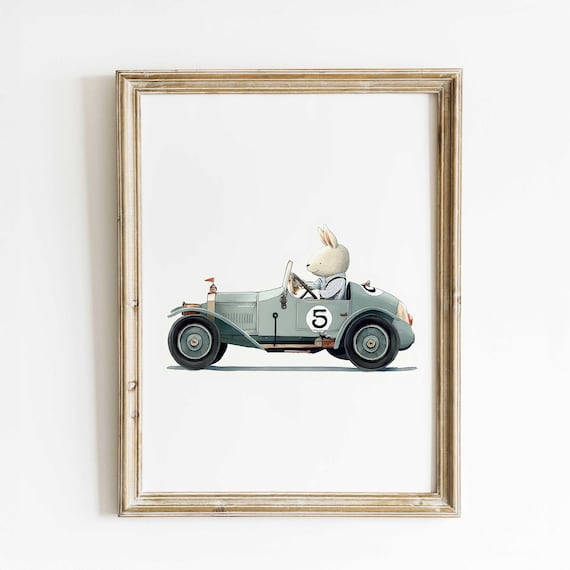Rabbit Driver in Vintage Race Car Number Five Kids Racing Poster