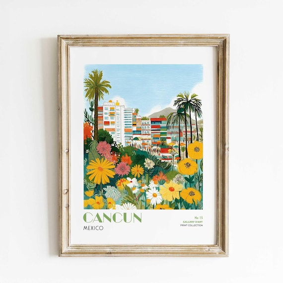 Cancun Mexico Tropical Floral Cityscape Palms Gallery D'Art Poster