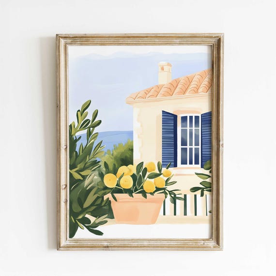 Mediterranean Watercolor Art Print Lemon Tree Blue Shutters Unique Handmade Coastal Italy Or Greece Inspired Wall Decor