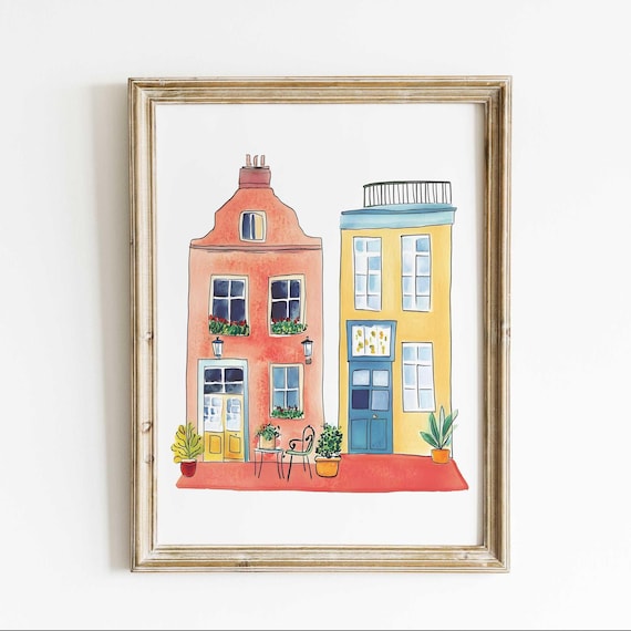 Colorful European Townhouse Watercolor Poster Mediterranean Facade