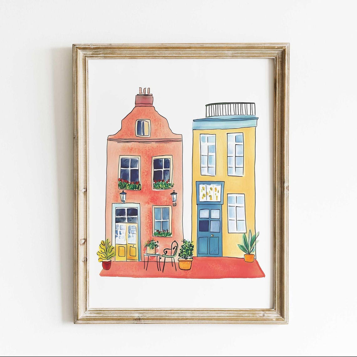 European Street Watercolor Art Print Colorful Townhouse Wall Travel Decor Paris Architecture Mediterranean Cityscape Painting