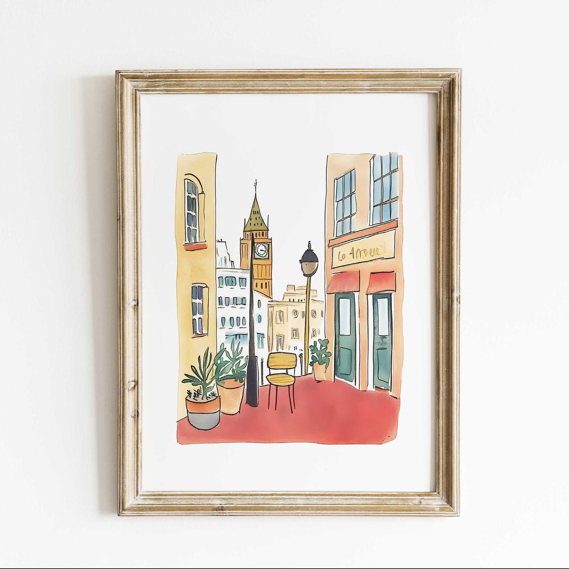 London Big Ben Street Cafe Watercolor Poster British Cityscape Decor