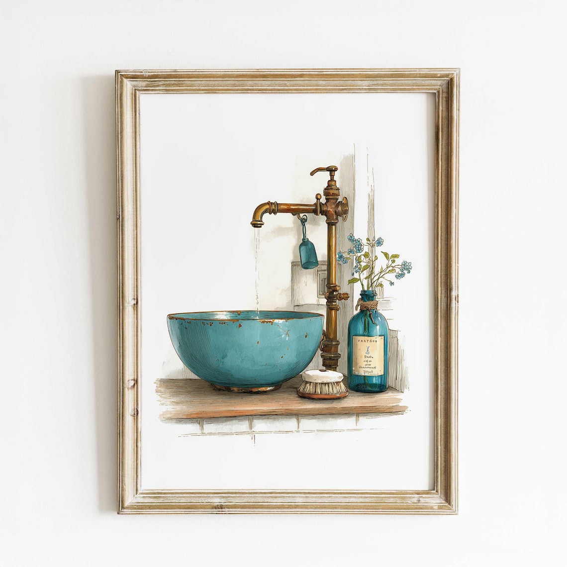 Rustic Bathroom Watercolor Art Print, French Country