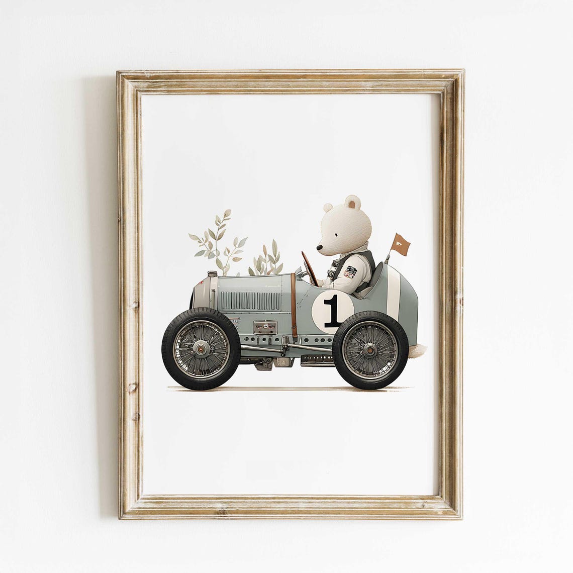 Polar Bear Racing Driver in Vintage Car Number One Kids Wall Art