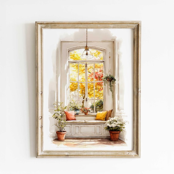 Cozy Autumn Window Seat Watercolor With Plants Fall Home Poster