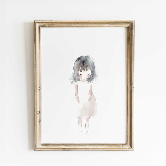 Minimalist Watercolor Girl In Beige Dress Nursery Kids Room Poster