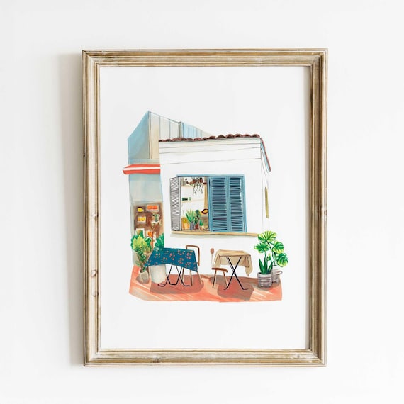 Mediterranean Cafe Watercolor Poster with Charming Blue Shutter House