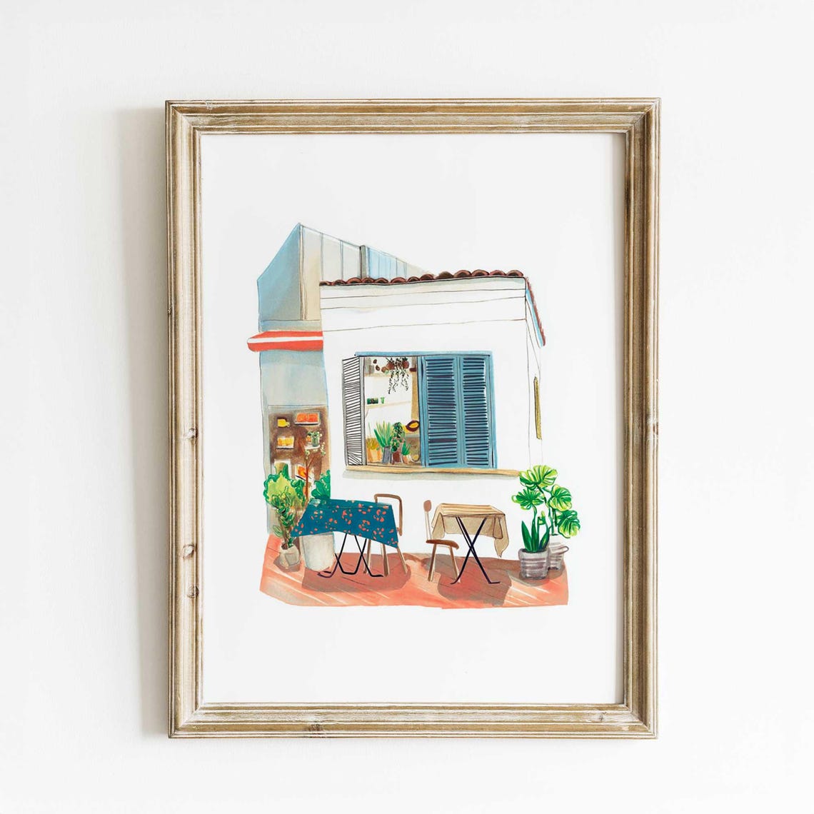 Mediterranean Cafe Watercolor Poster with Charming Blue Shutter House