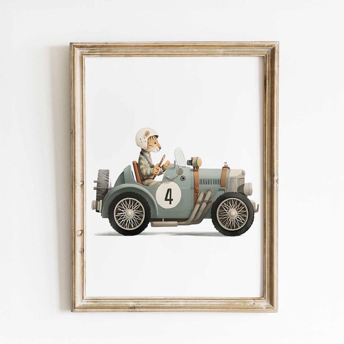 Tiger Driver Vintage Race Car Number 4 Nursery Animal Poster