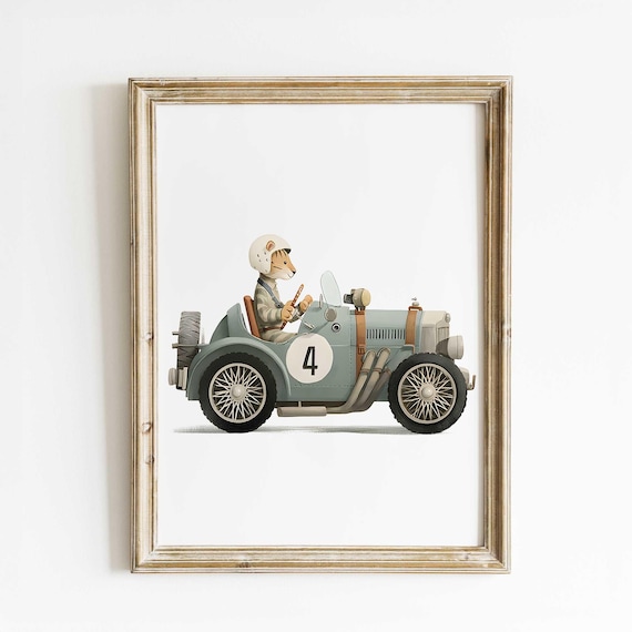 Tiger Driver Vintage Race Car Number 4 Nursery Animal Poster
