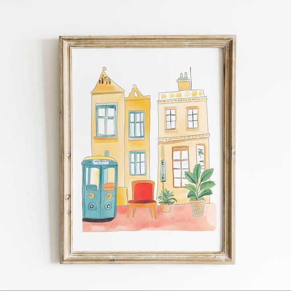European Old Town Watercolor Teal Phone Booth Street Scene Poster