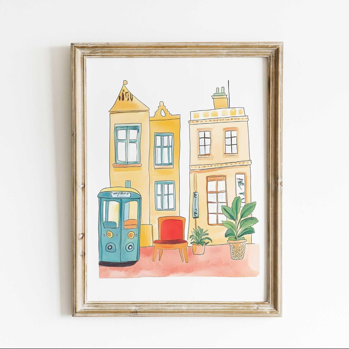European Old Town Watercolor Teal Phone Booth Street Scene Poster