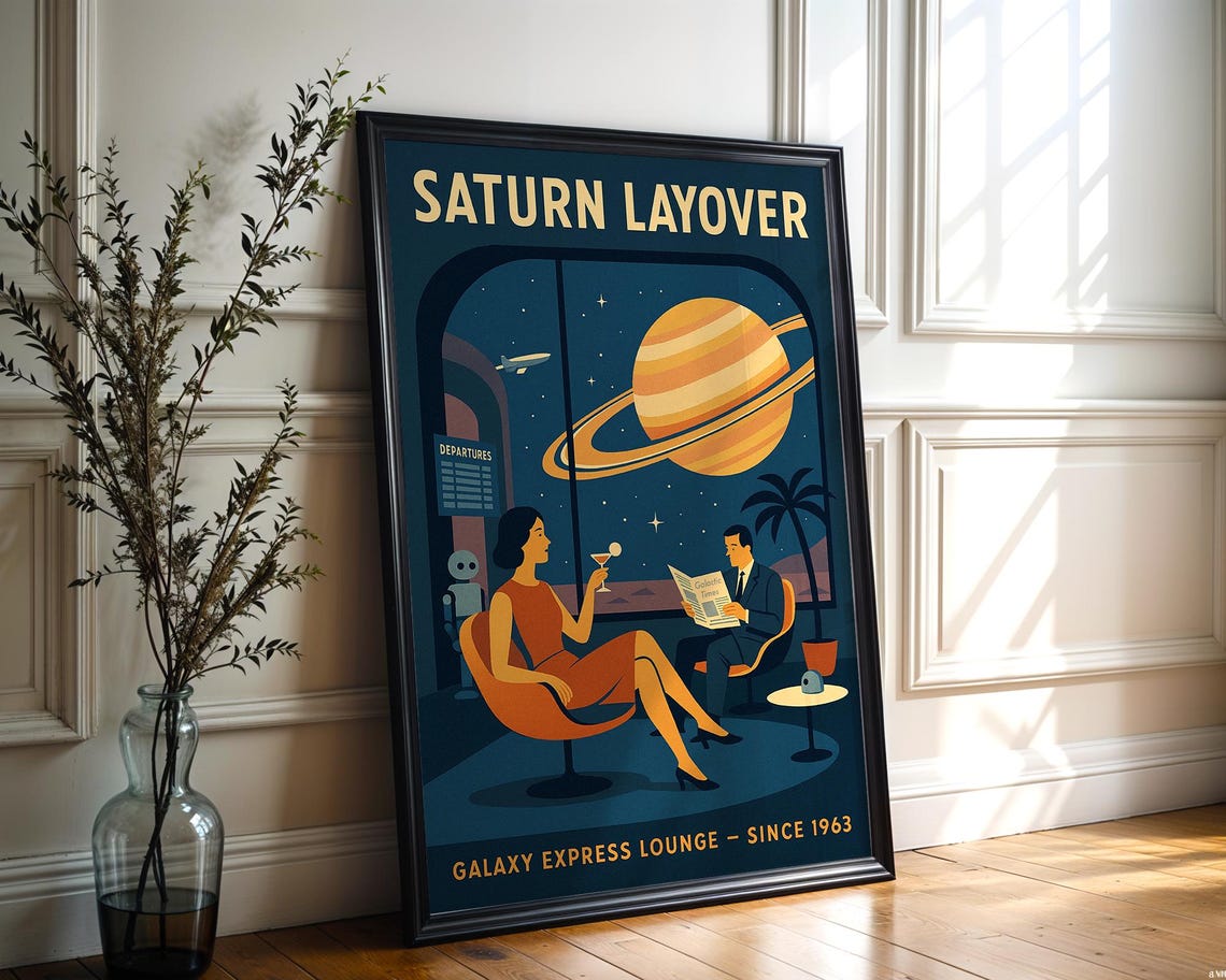 Saturn Layover Galaxy Express Lounge Retro Space Travel Poster