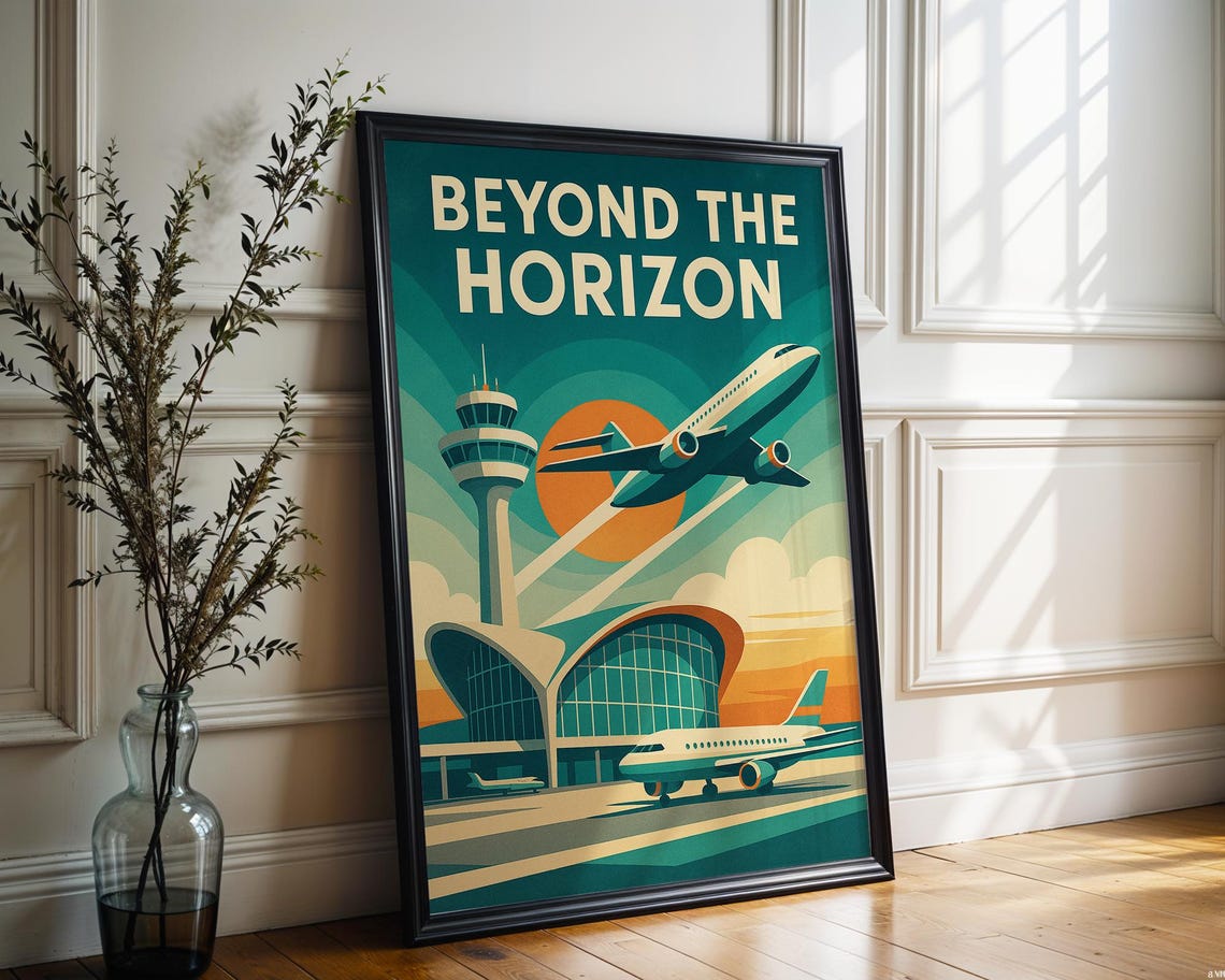 Beyond the Horizon Midcentury Jet Airport Sunset Travel Poster