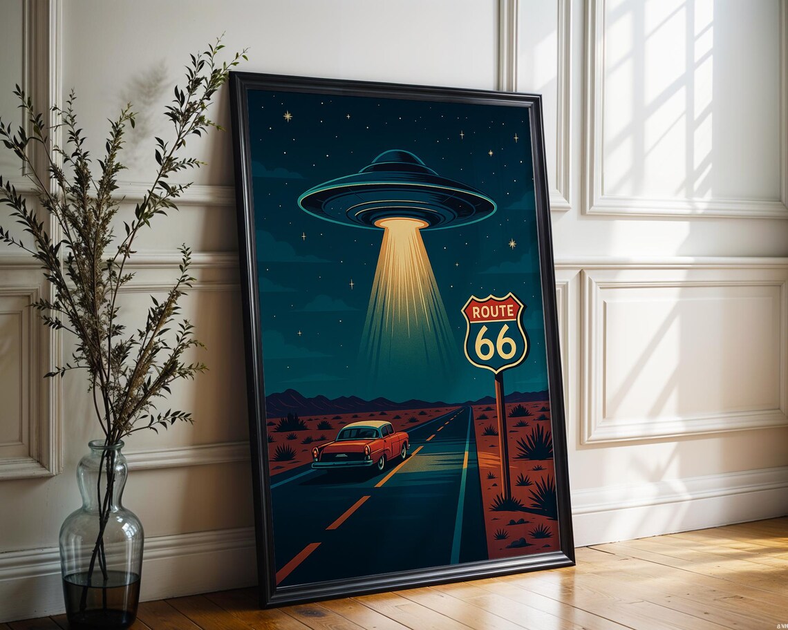 UFO Route 66 Night Desert Road Retro Sci Fi Classic Car Art Poster